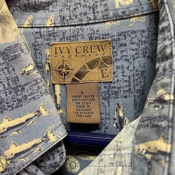 Ivy Crew Fishing Print Button Up Shirt Men's L Coastal Beach Short Sleeve - Picture 5 of 9